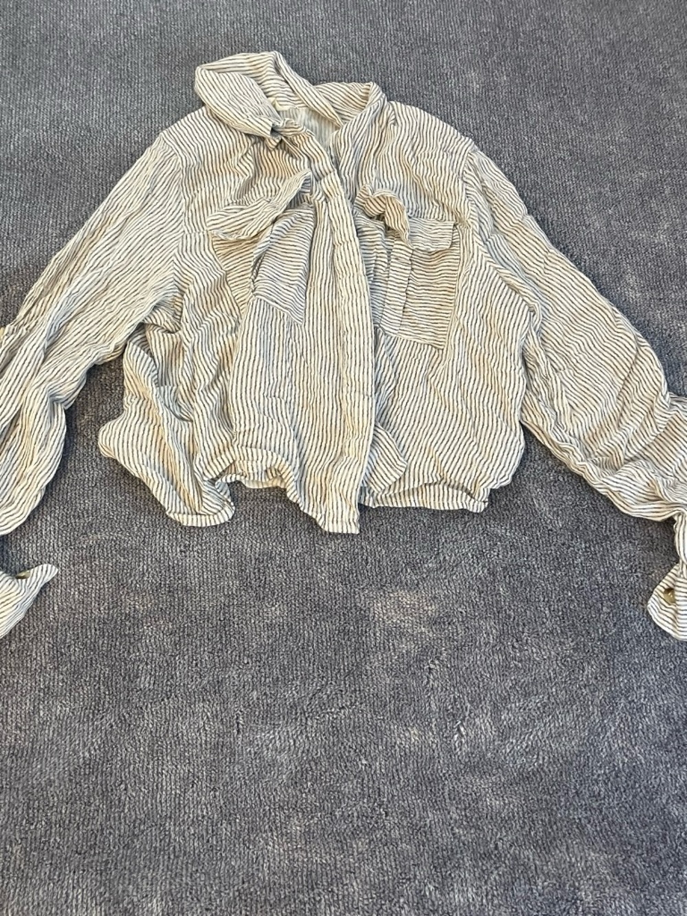 Striped Tie-Neck Button-Down Blouse in Ivory and Black cropped